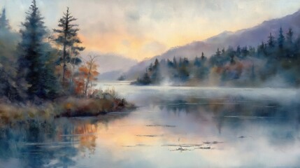 Fototapeta premium A tranquil lake surrounded by misty mountains and colorful trees at dawn.