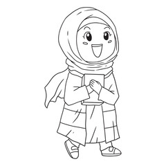 Cartoon illustration of an islam little girl with islamic outfit and happy face. Suitable for coloring book, coloring page, etc