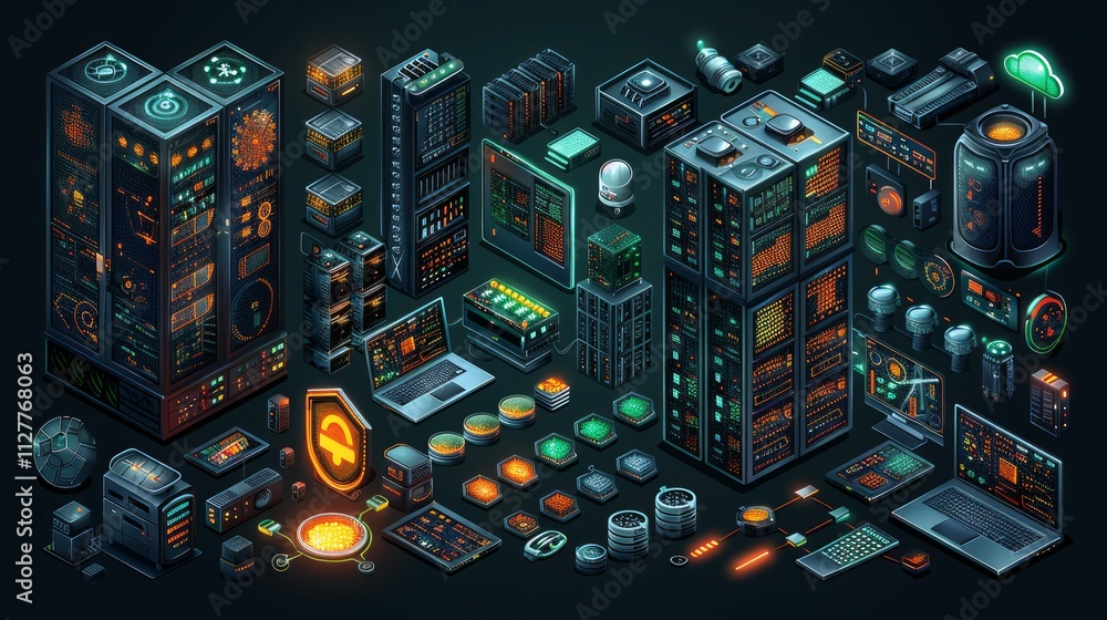Poster isometric illustration of data center server room with various hardware components and technology.