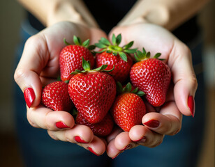 Close-up a woman's hands with red nail polish holding a handful of strawberries