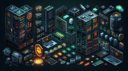 Isometric illustration of data center server room with various hardware components and technology.