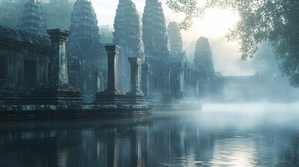 Ancient temple ruins, misty water, serene sunrise.