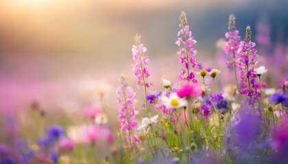 Naklejka premium Stunning Colorful Meadow of Wildflowers: A Vibrant Floral Background Featuring Lush Purple and Pink Blooms in a Picturesque Landscape of Natureâ€™s Beauty and Serenity