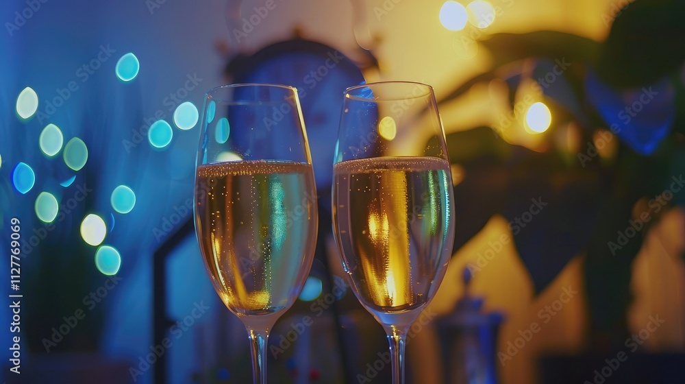 Fototapete 2025 New Year Celebration - Champagne And Clock For Countdown - Toast Cheering With Abstract Defocused Background