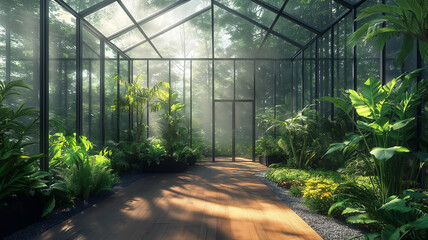 Modern greenhouse with lush tropical plants. Concept of tranquility, nature, and relaxation.