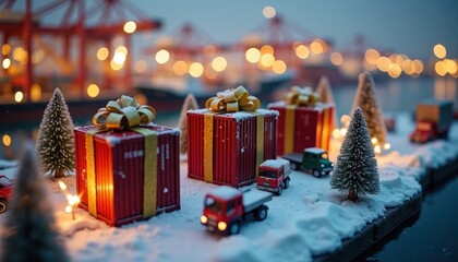 Miniature Christmas scene snowy port setting. Shipping containers decorated as gifts. Tiny Christmas trees, vehicles surround festive gifts. Festive lights illuminate snowy landscape. Ideal for