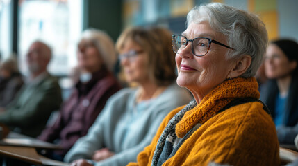 Fototapeta premium Group of seniors attending a history class, engaged and listening, bright classroom with a welcoming atmosphere, lifelong curiosity and learning
