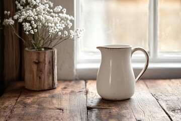 Elegant White Ceramic Jug with Floral Decoration Near Window