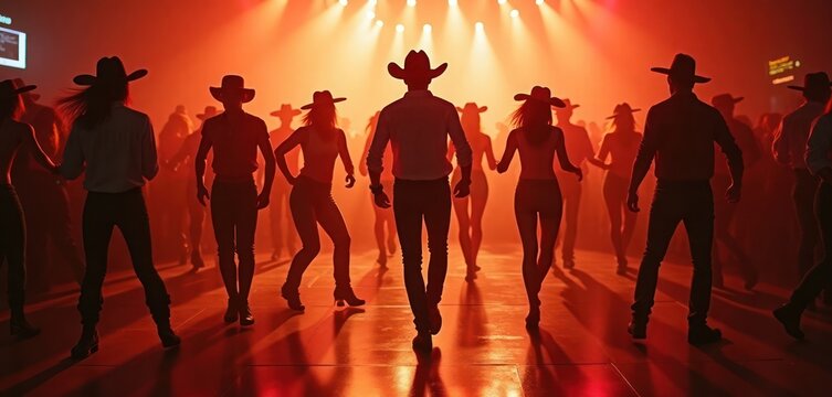 People dancing country line dance in nightclub. Group dancing on dance floor. Stylish clothing and cowboy hats. Energetic atmosphere with spotlights. Night club scene.
