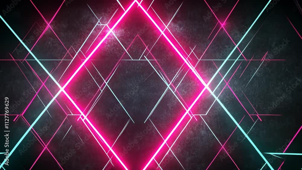 Poster neon geometric patterns illuminate a dark background with vibrant colors and dynamic shapes