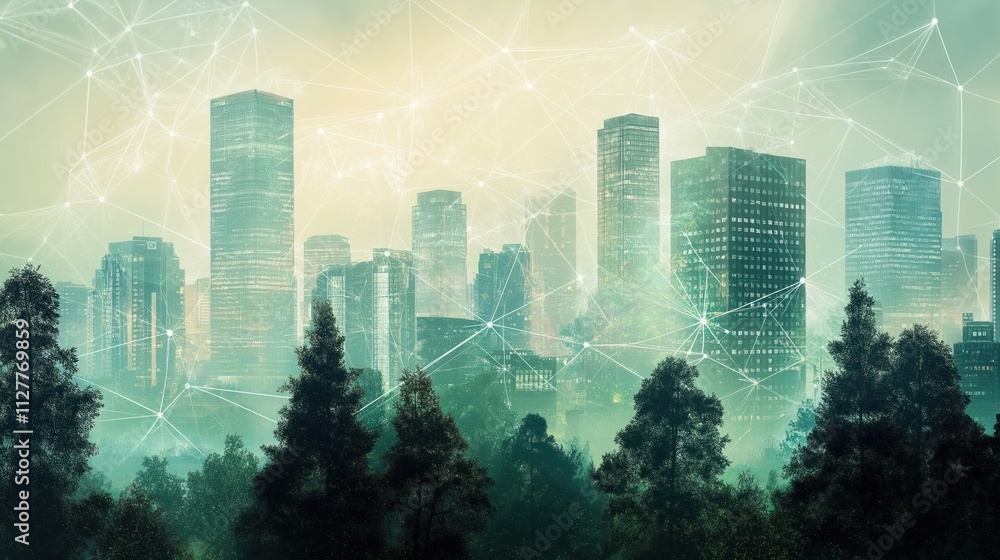 Poster futuristic eco city design with tech network overlay. green trees, skyscrapers blend. ai impact on s