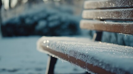 A wooden bench covered in snow and frost in a winter landscape.