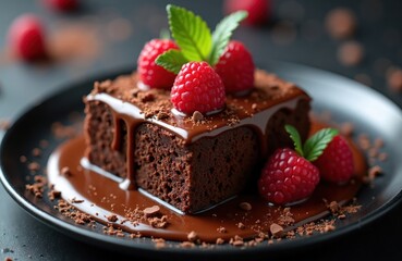 Delicious chocolate brownie with raspberry topping, caramel sauce. Dark chocolate syrup drizzles over brownie. Fresh raspberries, mint leaves add sweet touch. Black plate rich dessert. Perfect for