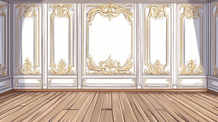 Elegant white and gold wall paneling with ornate trim and wooden floor. Rococo. Illustration