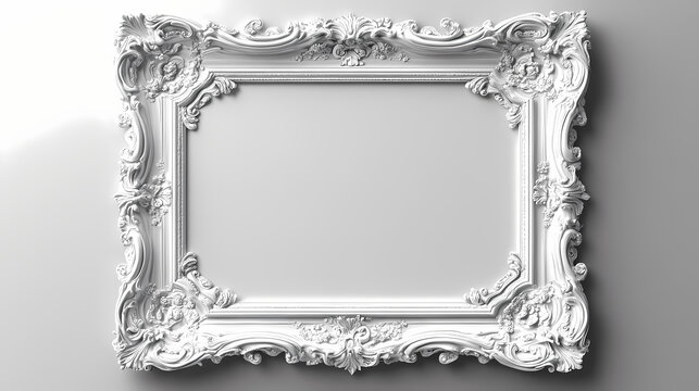 Elegant vintage ornate white picture frame with intricate carvings. ideal for classic artwork, home decor, or digital designs. Rococo. Illustration