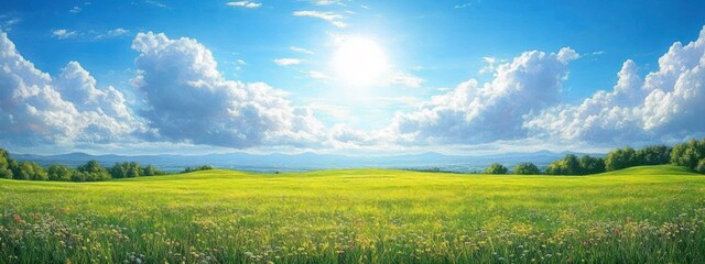 Fototapeta premium Vibrant landscape of green fields under blue sky with clouds and sunlight on a beautiful summer day