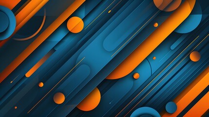 Abstract geometric background with diagonal blue and orange shapes and circles.
