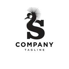 Letter S Grey Crowned Crane Logo Icon Vector