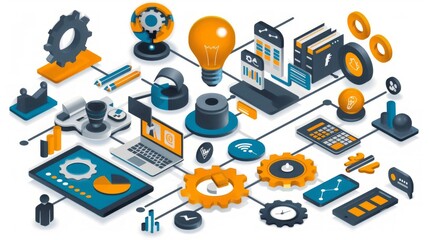 Isometric illustration of interconnected business processes, technology, and data analysis.