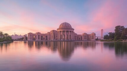 Obraz premium Sunset reflects on serene building, peaceful lake.