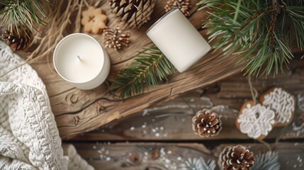 White Christmas candle on rustic wooden boards - Decoration with natural elements, twigs, pine cones and cookies - Advent background with copy space