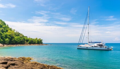 Stunning yacht gracefully sailing across the tranquil sea under a vibrant blue sky, capturing the essence of luxury and adventure on the open water, perfect for nautical enthusiasts and