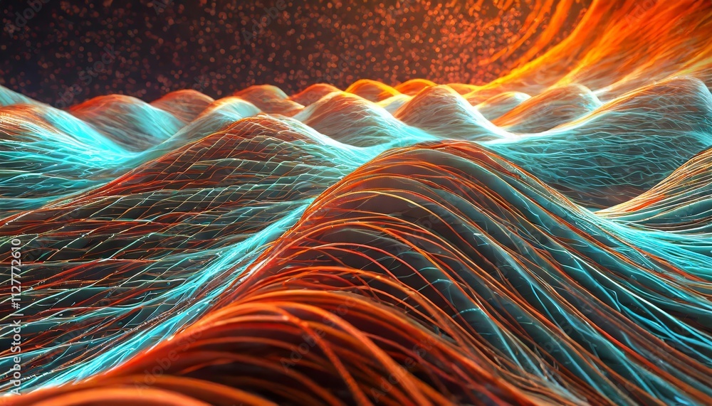Poster big data field of interlaced strings: a captivating illustration of wavy cyberspace representing the