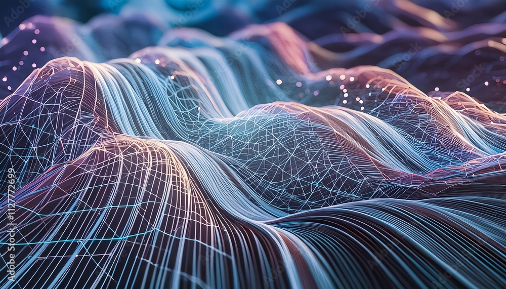 Aufkleber big data field: an intricate illustration of interlaced strings and wavy cyberspace, capturing the e
