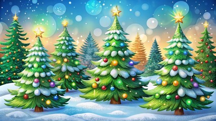 Obraz premium Snowy Cartoon Christmas Trees Night Photography - Festive Winter Holiday