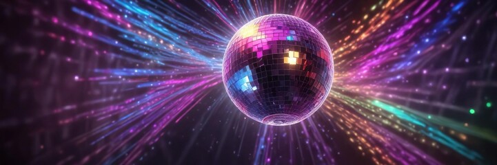 Disco ball surrounded by swirling patterns of colorful lights, disco ball, psychedelic decoration, shimmering light