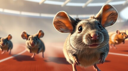 Close-up of rats running on a race track, illustrating the concept of a rat race with motion blur to emphasize speed and competition