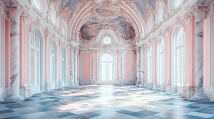 Obraz premium An empty glamorous rococo baroque ballroom generated by ai. baroque architecture. illustration. Rococo. Illustration