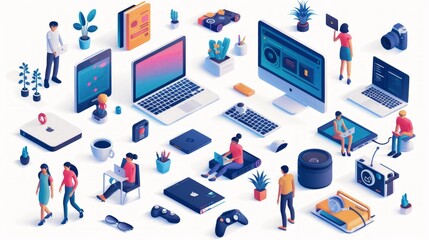 Obraz premium Isometric illustration of people using various devices and gadgets.