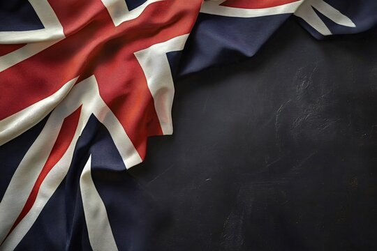United kingdom flag resting on a dark textured surface, creating a striking patriotic backdrop with ample empty space for text or design elements, highlighting national pride with copy space