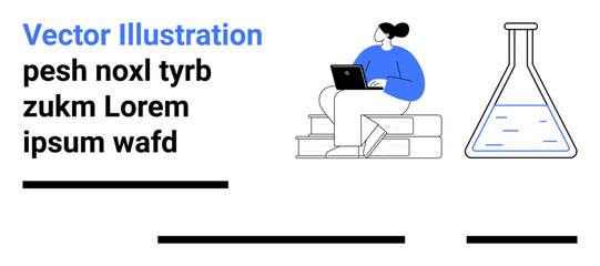 Woman on steps with laptop, large flask with liquid. Ideal for education, online courses, work-from-home, digital learning, e-learning platforms, science-related websites, and startup presentations