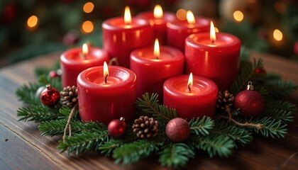 Cozy Christmas wreath with red candles, festive green plants. Warm lighting highlights red candles, decorative pine branches. Small ornaments, pinecones enhance festive atmosphere. Christmas