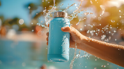 Hand Holding Reusable Water Bottle with Splashing Water