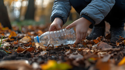 Person Picking Up Plastic Bottle from Ground