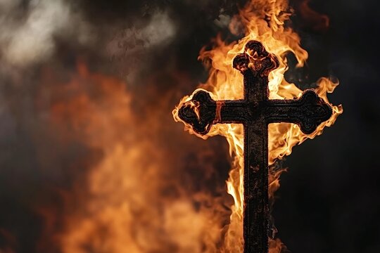 Flames engulfing a cross create a powerful image of religious persecution, symbolizing anti-christian sentiment and the destruction of faith with copy space