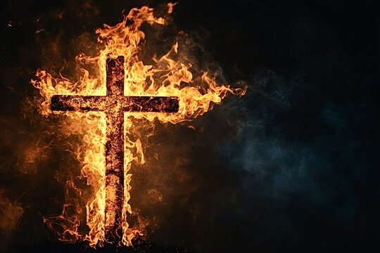 Large wooden cross burning intensely, emitting flames and smoke against a dark backdrop, symbolizing religious persecution, sacrifice, or anti-christian sentiment