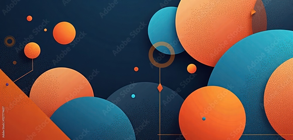 Poster abstract design with overlapping circles, lines. blue, orange geometric shapes create dynamic visual