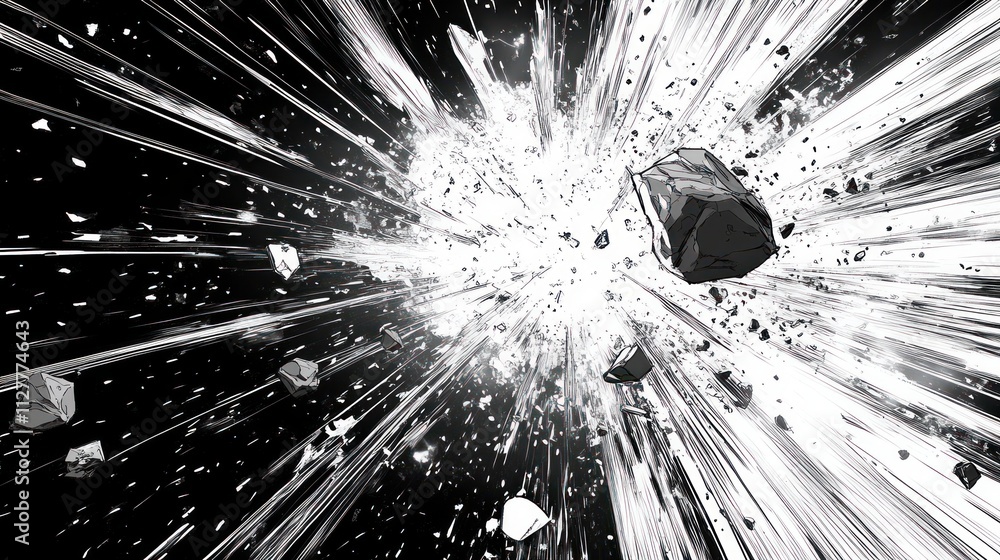 Poster dynamic explosion scene comic style with bold black and white contrast high energy light abstract mo