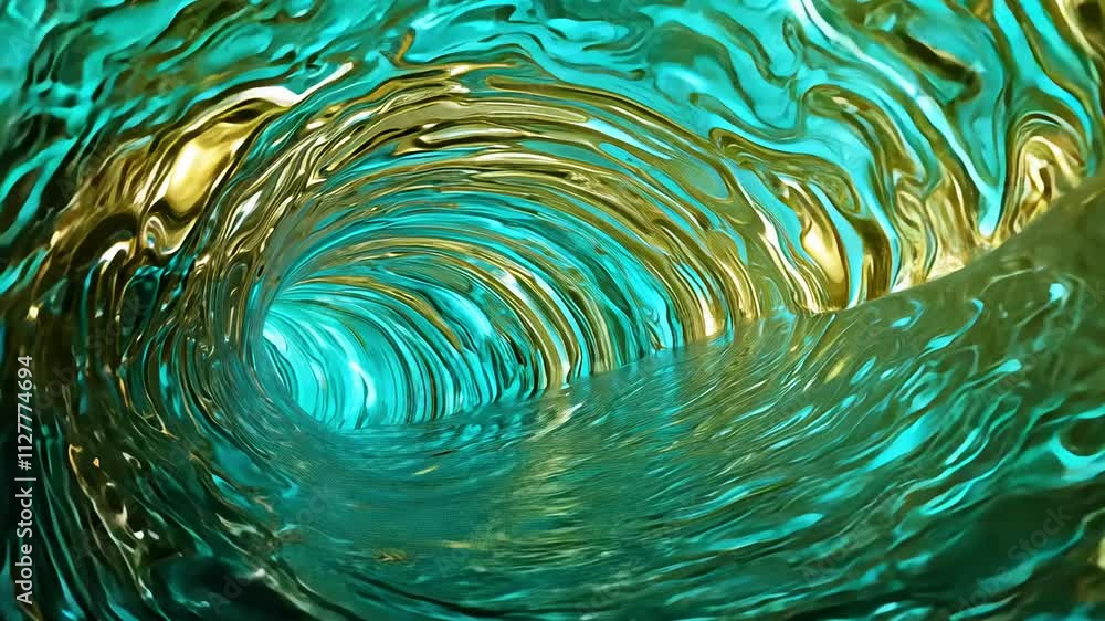 Poster pan left to right through an abstract tunnel with flowing, liquid-like textures in shifting gold and