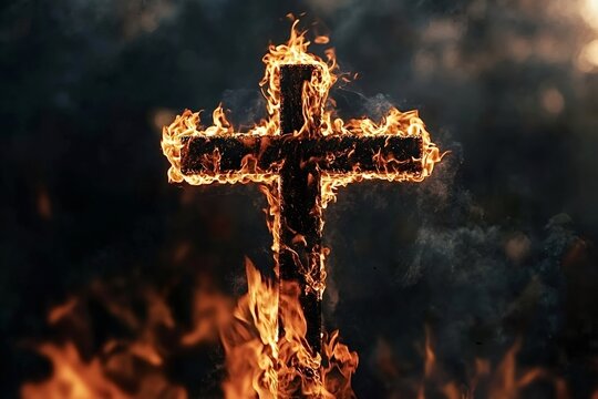 Intense flames engulf a wooden cross, creating a powerful image of religious persecution, anti-christianity, or the struggle between good and evil