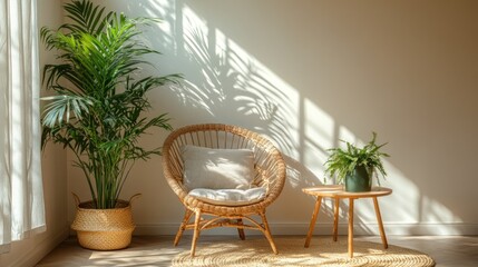 Sunlit room corner with rattan chair, plants, and side table.