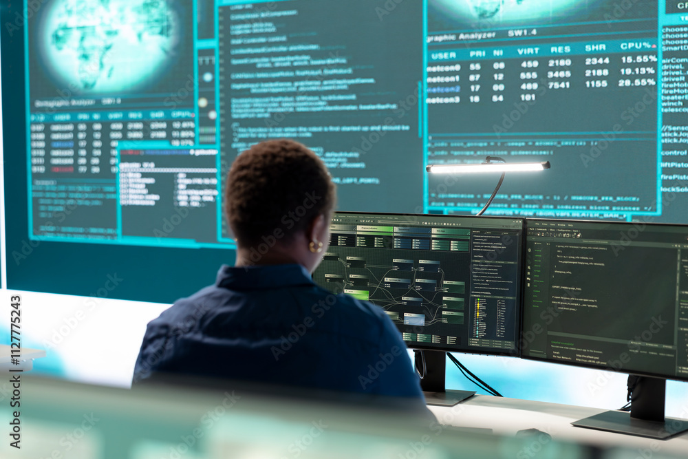 Poster cyber investigation team working in a governmental hacking room, working on computer security and ph