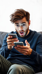 Fototapeta premium Shocked man looking at smartphone screen while sitting on couch at home isolated with white highlights, png