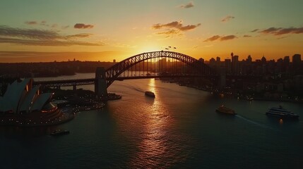Naklejka premium Sydney Harbour Bridge sunset, Opera House, city skyline.