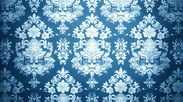 Blue victorian vintage wallpaper design featuring textured floral damask elements, a retro seamless pattern, and an elegant old-fashioned rococo textile print. Rococo. Illustration