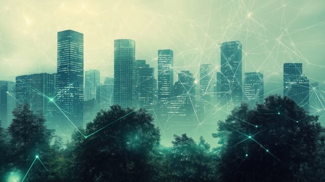 City skyline connected by network of glowing lines. Green trees, plants in foreground blending with modern tech cityscape. Eco-friendly tech solution for sustainable urban design. Futuristic concept